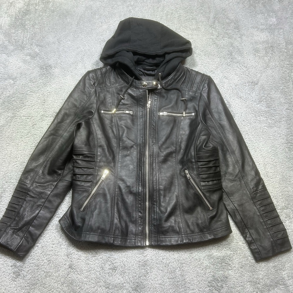 Real Leather‎ Jacket Women's L Black Removeable Hood Rider Full Zip Motorcycle